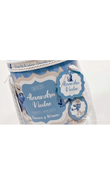 Trusou botez cu strumfii si broderie personalizata in nuante de crem si albastru Bebe Strumf 15